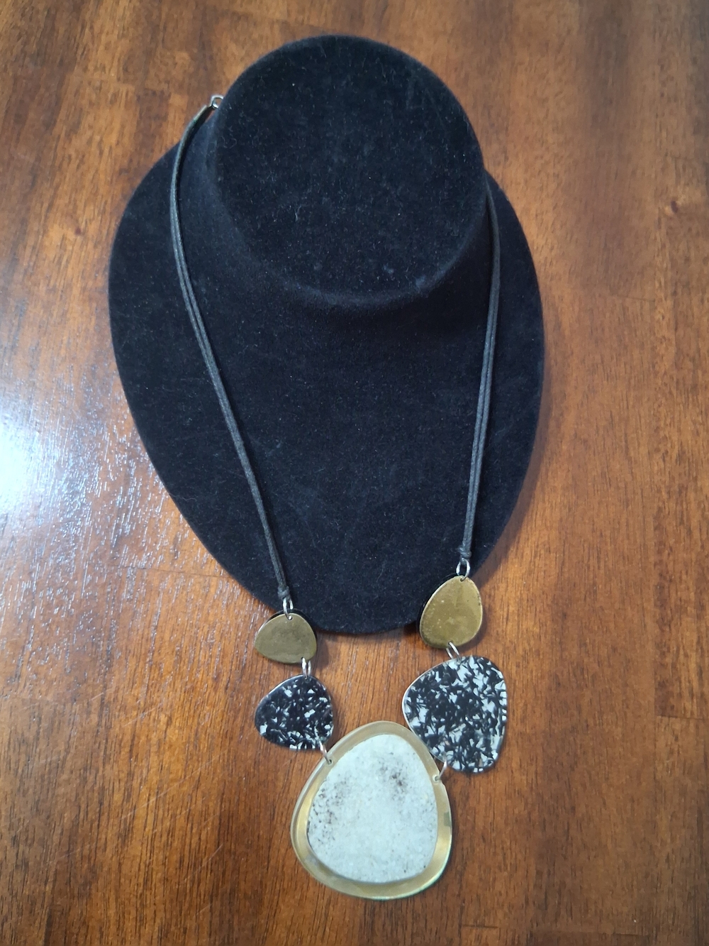 Gold-Tone & Black Statement Necklace with Cream Focal Stone
